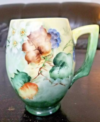 Antique Hand Painted Porcelain Tankard Mug,  Flowers,  Berries.  Signed