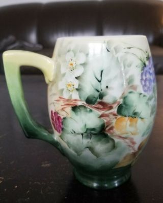 Antique hand painted porcelain tankard mug,  flowers,  berries.  Signed 2