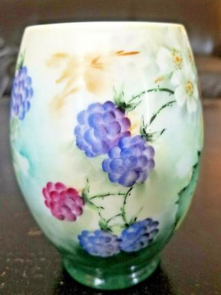 Antique hand painted porcelain tankard mug,  flowers,  berries.  Signed 3