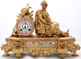 Antique French Mantle Clock 8 Day Elegant Gilt Metal & Hand Painted Pink Sevres