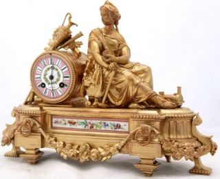 Antique French Mantle Clock 8 Day Elegant Gilt Metal & Hand Painted Pink Sevres 2