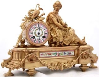 Antique French Mantle Clock 8 Day Elegant Gilt Metal & Hand Painted Pink Sevres 3