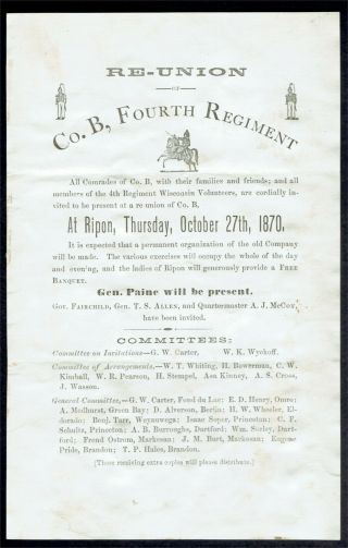 Civil War Reunion Invitation - 1870 - 4th Regiment,  Co.  B,  Wisconsin Volunteers