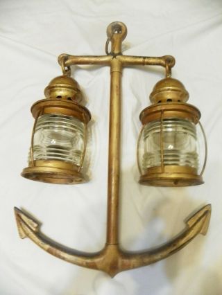 Large Nautical Vintage Brass Marine Lights Attached To Large Cast Anchor