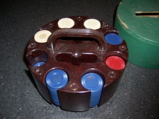 Vintage Bakelite Poker Chip And Card Holder Carousel Caddy With Cover