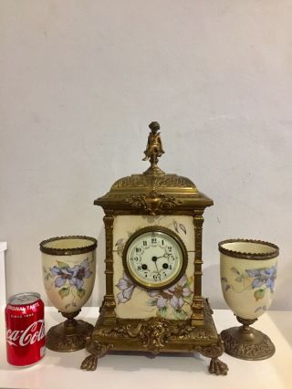Antique French Serves Porcelain Gilt Bronze Clock Set By Japy Freres C1860