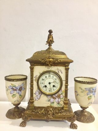 Antique French Serves Porcelain Gilt Bronze Clock Set By Japy Freres C1860 2