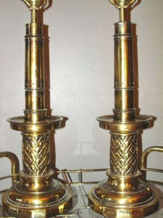 PAIR VINTAGE STIFFEL CHINOISERIE HOLLYWOOD REGENCY BRASS FAUX CANING TABLE LAMPS 2