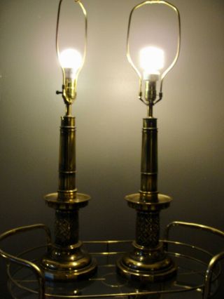 PAIR VINTAGE STIFFEL CHINOISERIE HOLLYWOOD REGENCY BRASS FAUX CANING TABLE LAMPS 3