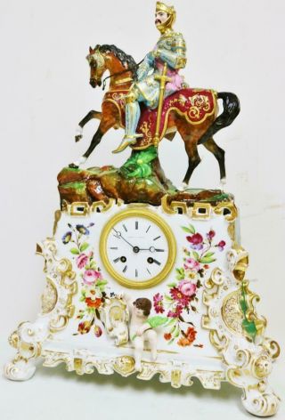 Antique French 8 Day Striking Hand Painted Porcelain Knight Figure mantel Clock 2