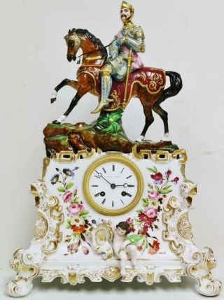 Antique French 8 Day Striking Hand Painted Porcelain Knight Figure mantel Clock 3