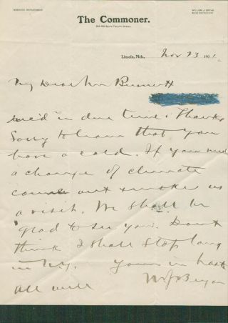 William Jennings Bryan Signed Autographed - Handwritten Letter From The Commoner