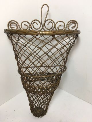 Vintage Brass Woven Wire Work Hanging Wall Pocket Vase Planter 14.  5”