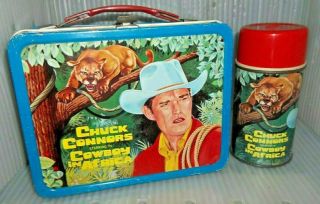 Rare 1968 Cowboy In Africa Tv Show Metal Lunch Box & Glass Thermos Near