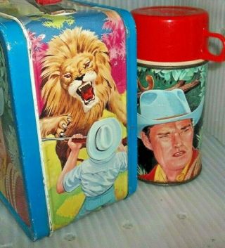 RARE 1968 Cowboy in Africa TV Show Metal Lunch Box & Glass Thermos Near 3