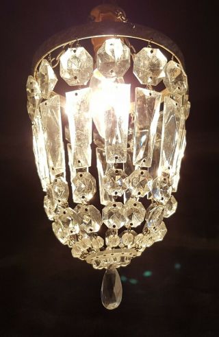 Vintage Crystal Glass & Brass Pendant Ceiling Light Chandelier Lustre Prisms