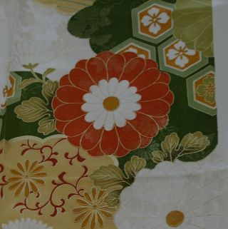 Japanese Vintage Kimono Silk Fabric Rinsu " Chrysanthemum And Clouds " C