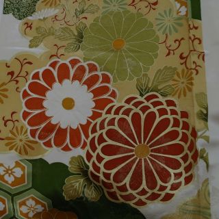 Japanese Vintage Kimono Silk Fabric Rinsu " Chrysanthemum And Clouds " B
