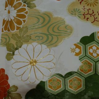 Japanese Vintage Kimono Silk Fabric Rinsu " Chrysanthemum And Clouds " D
