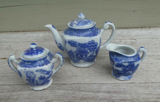 Vintage Blue Willow Child’s Tea Set: Teapot,  Sugar,  Creamer 3 " Tr