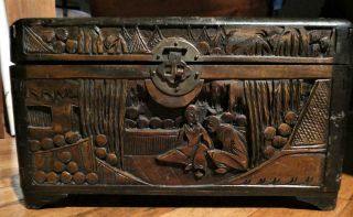 Vintage - Ornate Asian Handmade - Carved Camphor Wood Wooden Box