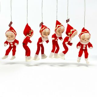 Red Christmas Elf Pixie Ornaments Felt Vintage Set Of 6 With Santa & Mrs Claus