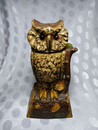 Vintage Mechanical Cast Iron Bank Owl Turns Head Great Paint