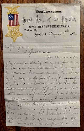 Letter 28th Pennsylvania Infantry Civil War Gar Post York Pa.