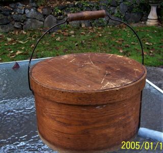Vintage Large Country Primitive Bent Wood Firkin Round Bucket Bail Handle