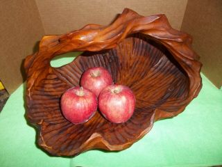 14 " Carved Burl Wood Twisted Handle Basket Bowl Primitive Tiki Rustic Bowl