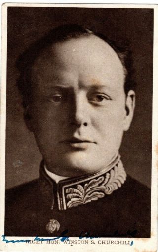 Winston Churchill,  Ink Signed Autograph,  Postcard Portrait,  Vintage Blue Ink