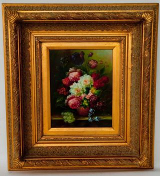 Vintage Framed Floral Oil Painting On Wood Panel 20 " X 18 " Signed Ornate Frame