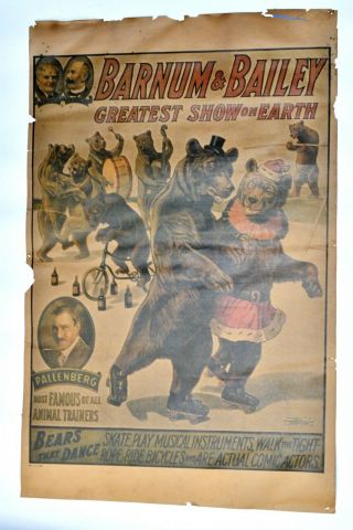 Vintage 1917 Poster Barnum & Bailey Circus Roller Skating Bears 36 1/2 X 23 3/4