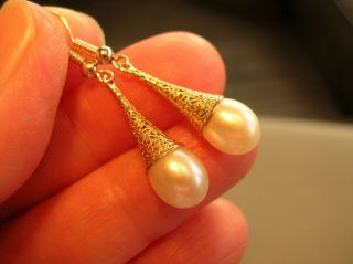 Exquisite Vintage 9ct Yellow Gold Real Pearl Drop Dangle Earrings - Vgc