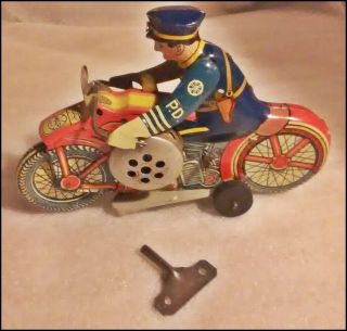 Vintage Marx Toys Tin Wind Up Motorcycle Pursuit Police Racer W/ Siren & Key