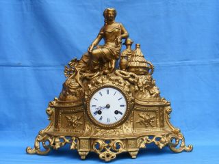 Antique French,  Spelter Cased,  8 Day Striking Mantle Clock.