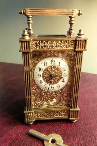 Antique French Gilt Carriage Clock / Timepiece 8 Day With Key Fully Serviced
