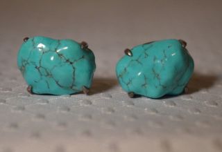 Vintage Sterling Silver Turquoise Nugget Clip - On Earrings 1960 