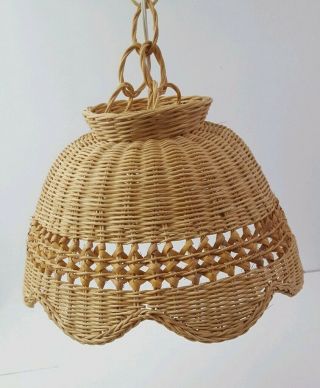 Vintage Wicker Ceiling Swag Lamp Mid Century Mcm Hanging Shade Light.