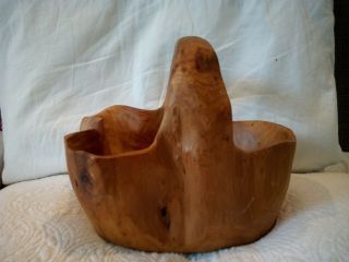 Hand Carved Knobby Burl Root Wood Handled Display Basket Bowl Natural Rustic
