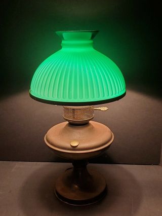 Vintage Hurricane Parlor Table Lamp With Green Glass Shade (ready To Use)