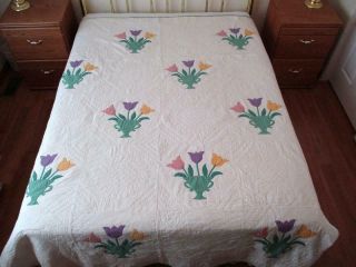 Vintage 1930s Appliqued Quilt,  Tulips In Vase,  Fancy Binding,  Hand - Quilted