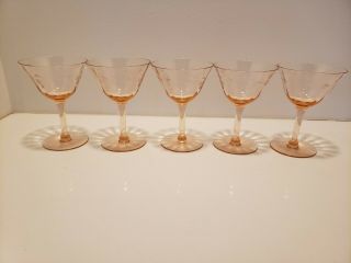 Vintage Amber Martini Cocktail Wine Glass Etched Flower Leaves Stemware Set Of 5