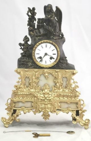 Antique Mantle Clock French 8 Day Stunning 2 Tone 2 Piece Figural Gilt C1880