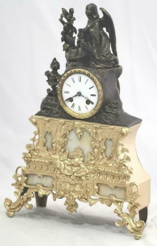 Antique Mantle Clock French 8 Day Stunning 2 Tone 2 Piece Figural Gilt C1880 3