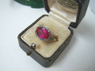 Gorgeous Vintage Sterling Silver 9ct Gold Tourmaline Marcasite Ring Size R 8.  5
