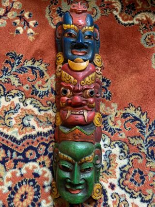 Tall Vintage Balinese 3 Face Mask Hand Carved Wood Wall Hanging