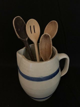 Vintage Stoneware Pitcher Pottery Crock With Blue Stripes Primitive