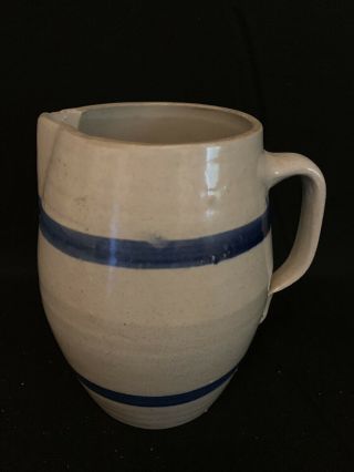 Vintage Stoneware Pitcher Pottery Crock With Blue Stripes Primitive 3