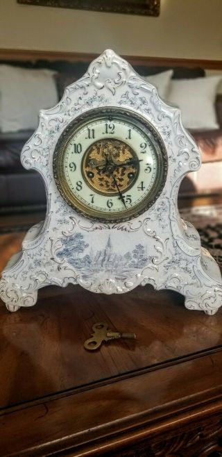 Antique Waterbury Porcelain Mantle Shelf Open Escapement Clock Model